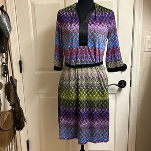 Etcetera 3/4 Sleeve Multi Colored Dress with pockets and belt, Size 2